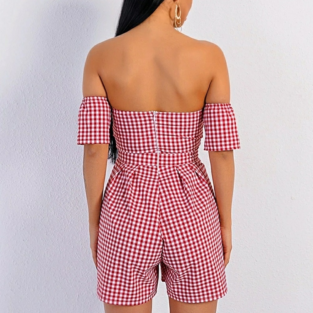Blow Out• Gingham Print Off Shoulder Romper - Picture 5 of 5